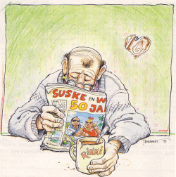 Rikki leest de krant (tekening van Jan Bosschaert)
